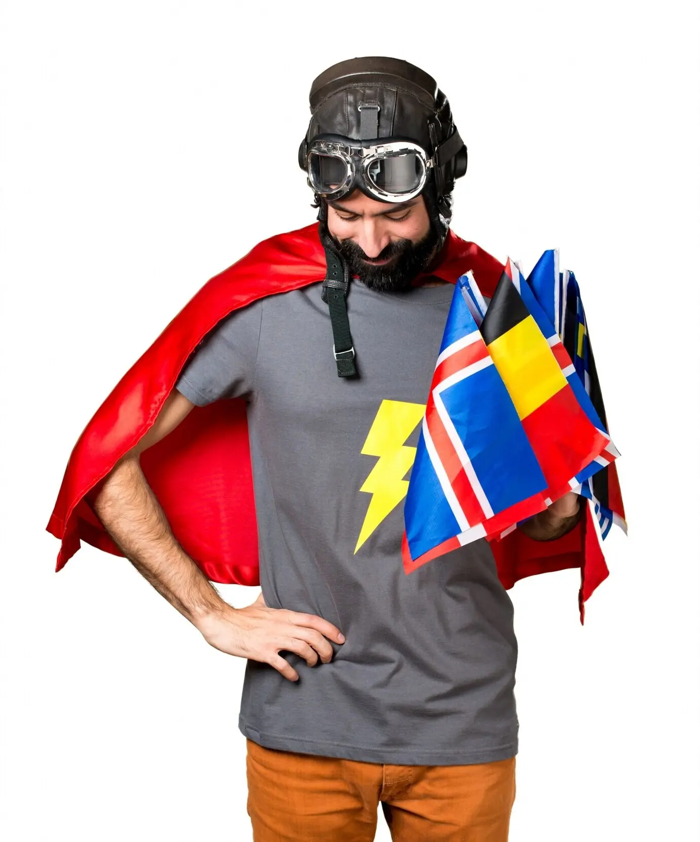 Ein Superheld mit vielen Fahnen, der nach unten blickt.